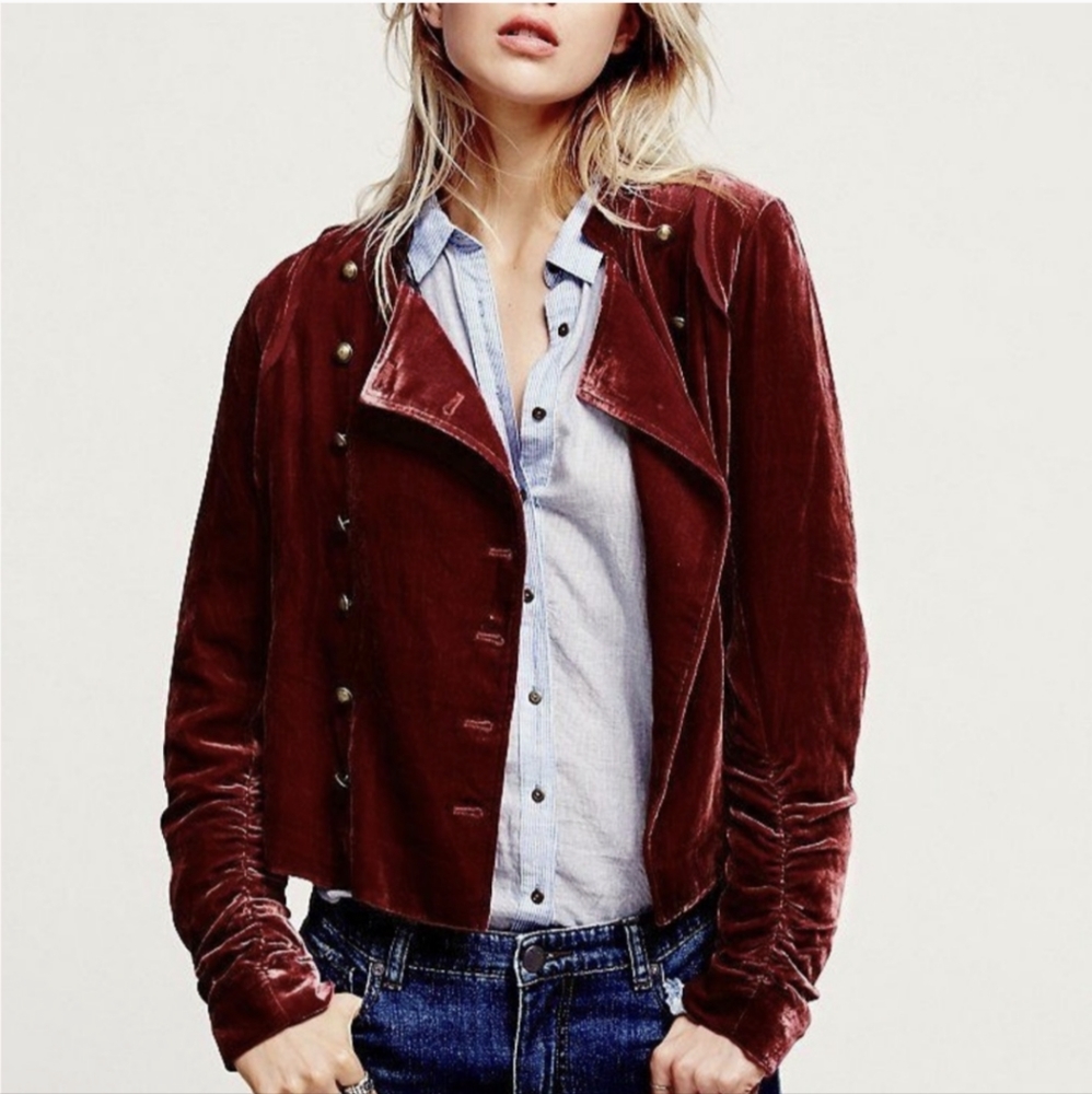 Free People Drippy Crushed Burnout Velvet Military Jacket Blazer Burgundy XS - Picture 15 of 16